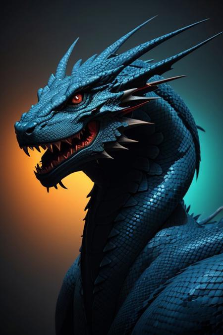 Asian dragon blue snake gradient vibrant neon colour, rough, textural, broad brush strokes, red color prominent detailed, alienzkin, silhouette, spotlight, dark theme, c4d, blender, raytracing, unreal engine 5, render 3d, face close up,