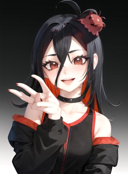 best quality, (masterpiece),(ultra-detailed), (high quality), (high resolution), <lora:Evil-nimu:0.7>,Evil nimu, portrait, smile, two-tone hair, black choker, upper body, black background, red hair, open mouth, jacket, blush, hair ornament, long hair, hair between eyes, multicolored hair, looking at viewer, choker, black eyes, 1girl, solo, colored inner hair, bare shoulders, black hair,red eyes,