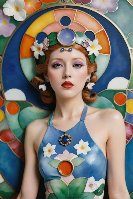 stylized by Ryohei Fuke, Louise Dahl-Wolfe, Cosplay Photograph, pietra dura inlay, Water color painting of a highly detailed,close up of a Smart (Hera:1.2) , wearing a very Dreamlike Playsuit, Yoga pose, Flowery Lip Ring, from inside a Portal, Visual novel, Canon R5, 80mm, psychedelic colors, surreal design