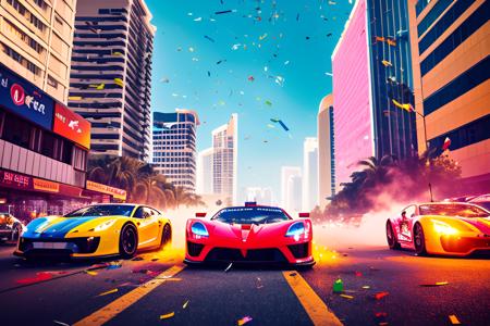 bright sunny day beautiful cloudy sky sunset sports car racing down cyberpunk Miami city streets neon signs and crowds confetti debris dust wind volumetric fog exciting epic action camera, (masterpiece:1.2) (photorealistic:1.2) (bokeh) (best quality) (detailed skin) (intricate) (8k) (HDR) (cinematic lighting) (sharp focus)
