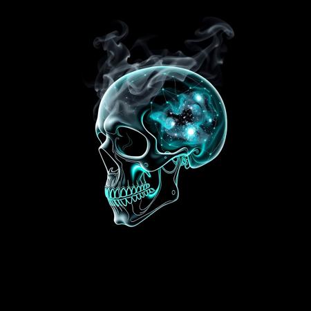 Cybernetic Skull, black background, slhouette black and white outline, skull made of smoke, neon teal_flames, pov sideview, smoke rises from back of skull, whole Galaxy in skull