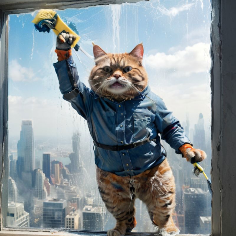 Cat in a jacket and hat holding a hammer at a window sill.