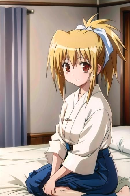 (1girl), masterpiece, best quality, absurdres, cute, extremely detailed face, perfect lighting, (bedroom), chiba kirino, blonde hair, ponytail, hair bow, <lora:chiba_kirino:0.8>, japanese clothes, hakama,