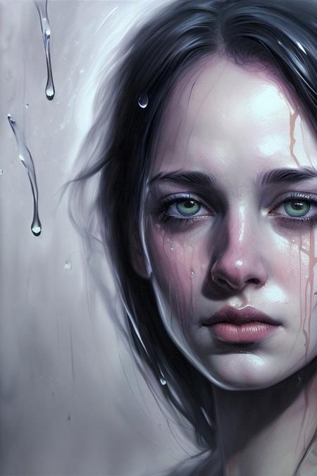 Hyperdetailed fantasy art impasto illustration close-up portrait of half a woman’s face in the rain. The focus should be on their determined expression, with water droplets streaming down her skin. Capture the intensity in her purple eye, showing grit and resolve. The rain should blur parts of the neon background, emphasizing the subject’s focus and emotion, 16K, concept art, splash screen, dark fantasy, by Agnes Cecile, dripping