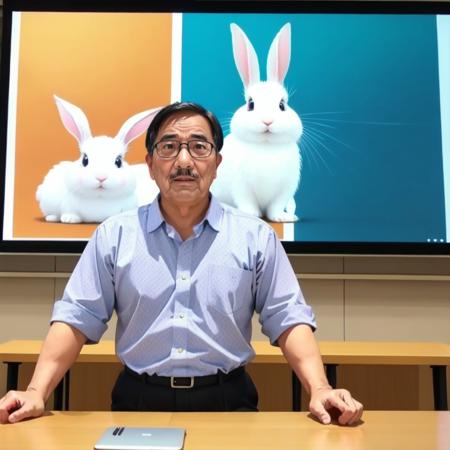 old man, glasses, presentation, screen, realistic, holding pointer, in front of a large screen, rabbit on it, <lora:Presentation _v1:0.5>