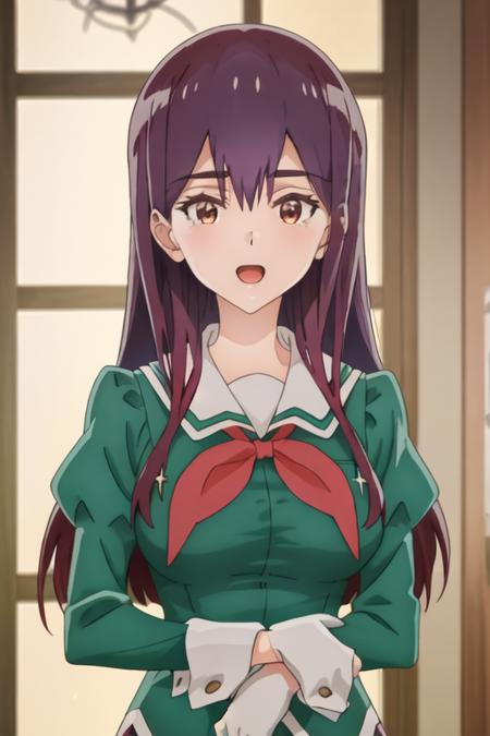 best quality, masterpiece, highres, solo, {yano_mitsuki_watashinoyuriwaoshigotodesu:1.15}, long_hair, purple_hair, brown_eyes, hair_between_eyes, 1girl, anime_coloring, bangs, looking_at_viewer, open_mouth, portrait, school_uniform