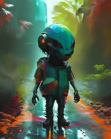bioengineered alien hitchhiking after crashing his spaceship, standing on side of road with thumb up in the air trying to hitch a ride from passing cars, colorful organic bioluminescent patterns,  colorful, ultra resolution, professional photo, <lora:add-detail-xl:0.8>, <lora:xl_more_art-full_v1:0.5>  <lora:MJ52:1>    <lora:RussMillsXL:1> russ mills