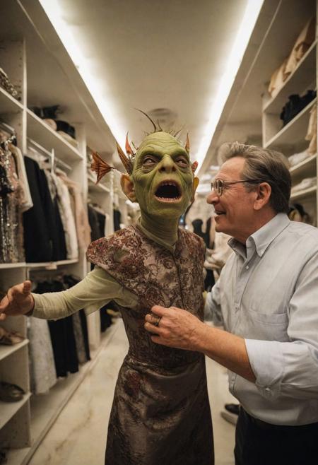 Perfect candid photograph of a goblin being fitted for the most elegant and expensive dresses at "Bergdorf Goodman", 
<<BREAK>> ,
((very strong fisheye-lens photograph (very intense fisheye-view photograph), (very low upward looking angle), intricately detailed, very detailed background, (contrats in lifestyle photograph), creepy lighting, creepy cinematic photo), realisticvision-negative-embedding,  epiCRealism ))