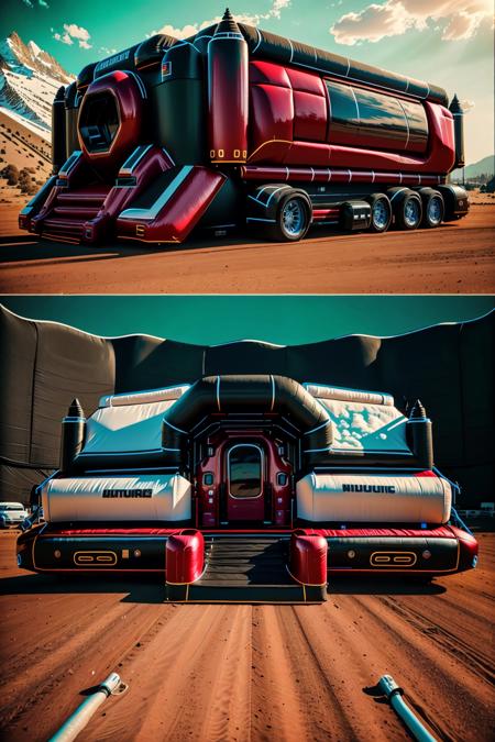 <lora:futruk_v2:1>
masterpiece, highly detailed photorealistic 8k raw photo, best cinematic quality, volumetric lighting and shadows
Oxblood Red futruk, ground vehicle, monochrome, motor vehicle, outdoors, scenery, truck, window, futuristic science fiction, low-angle shot
(bouncy castle background:1.2)