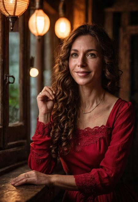 safe_pos, A night time photo of a beautiful woman, (50 years old:1.5), with long curly brown hair and freckles, pleasant smile, wearing a bright red dress, jewelry, sitting, skinny, narrow hips, slim petite body, (medium breasts:1.3), sitting inside a cozy medieval cottage, (perfect hands:1.5), (cinematic), (dark, high contrast), (intricately detailed eyes:1.5), (subsurface scattering:0.9) lit by Victorian lanterns, full body view. shallow depth of field, vignette, highly detailed, high budget, bokeh, cinemascope, moody, epic, gorgeous, film grain, grainy, dark shadows, DarkFantasy, photo, cinematic,