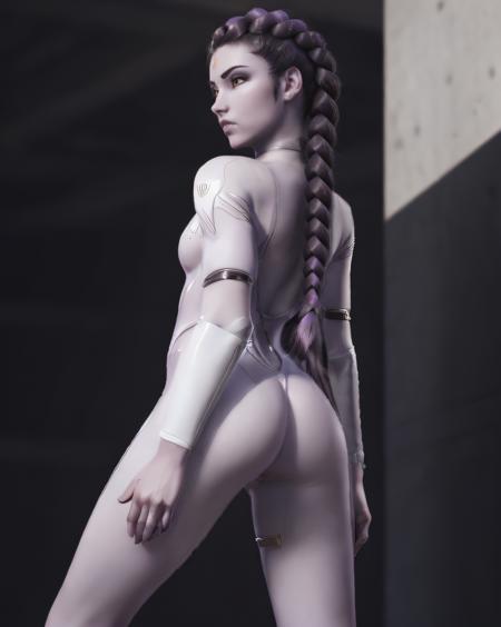 ((from_behind)), natural light, lens flare, bokeh, RAW photo, high quality closeup photo portrait of beautiful overwatch widowmaker ((sbwidowmaxerxx person, purple skin, long purple braided ponytail)), curvaceous body,  long braided hair, sunny city background,  ambient occlusion, beautiful eyes, high definition, high resolution, (detailed skin, skin blemish:1.3), (detailed skin texture), detailed mouth, detailed chin, detailed nose, dramatic lighting, cinematic lighting, high definition, high quality, Fujifilm XT3, <lora:LowRA:0.3>, <lora:AddDetail:0.5>, <lora:FilmG3:0.25>, <lora:DSSB:0.7>, <lora:Widowmaker (Strong):0.5>, <lora:Long Braid:0.2>