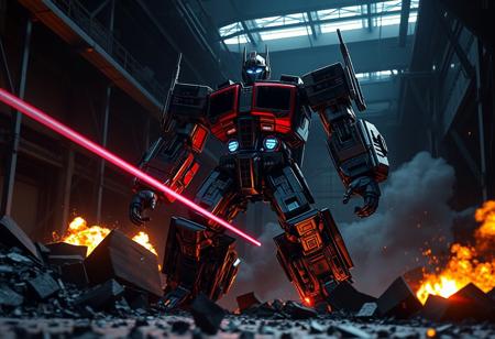 Generate a cinematic, high-detailed image of a mecha fused with Optimus Prime in a dark factory setting, emphasizing hyper-realism. Incorporate lasers, explosions, and rubble to enhance the atmosphere. Utilize Redshift rendering with unreal engine settings for an 8K, HD output with micro and lifelike details.
