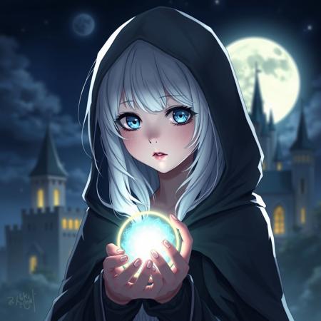 1girl, blue eyes, solo, looking at viewer, hood, white hair, cloak, freckles, moon, upper body, hood up, fingernails, lips, hooded cloak, night, closed mouth, sky, glowing, circlet, outdoors, full moon, black cloak, long sleeves, holding, castle, medium hair, cape, glowing, holding orb,,
<lora:rimixO:0.65>, masterwork, masterpiece, best quality,  detailed, depth of field, , high detail, best quality, very aesthetic, 8k, dynamic pose, depth of field, dynamic angle, adult,  aged up