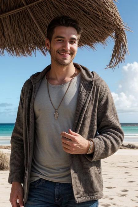 raw photo, (5 foot 10 inch 24yo skinny male:1.1), accessories, realistic skin texture, (red:0.8), warm lighting, cosy atmosphere, instagram style, onlyfans, looking at camera seductively, casual, candid, daytime shot on a beach in tulum, authentic happy face, beautiful anatomy, 4k, beautiful face, sfw, beautiful hands and fingers, tailored clothing, dating profile picture