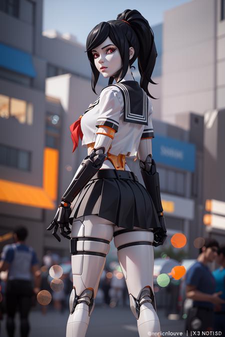 <lora:VRAMsTsuki:0.65>, xyztsuki, 1girl, solo, from behind, stiches, android, black hair, looking at viewer, black skirt, closeup, school uniform, ponytail, serafuku, sailor collar, blurry, blurry background, joints, pale, mechanical arms, 3d model cycles render,  cyborg, joints, long hair, looking at viewer, mechanical arms, mechanical parts, cyberpunk, orange, made of plastic, heavy eyeliner, suspending, red eye color