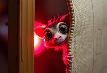 A whimsical creature with large, curious eyes peeks into the right side of a vertical canvas, its gaze piercing through the frame and directly into the viewer. The frame appears to warp slightly, as if bending to accommodate the creature's playful presence. A vibrant glow emanates from within, casting an otherworldly light on the scene.