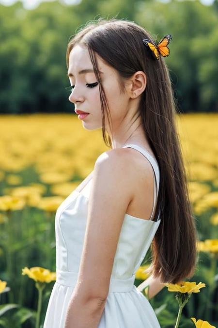 1girl, solo, long_hair, dress, bare_shoulders, closed_eyes, upper_body, flower, parted_lips, sleeveless, white_dress, lips, bug, butterfly, nose, flying yellow_butterflies around her
