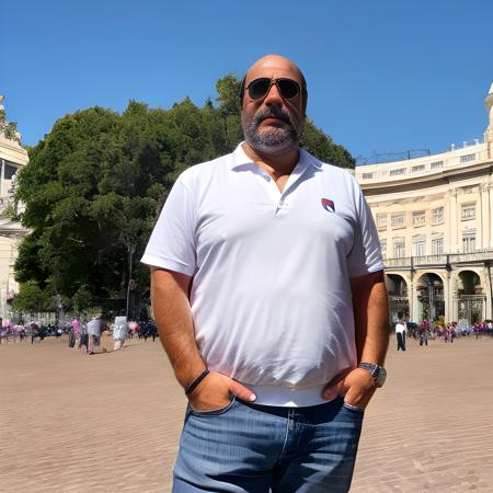 A ((full body)) photo of a 46 y.o. man , with ((brown eyes)), ultra-detailed face,wearing a plain white t-shirt, blue jeans pants, at praça do comercio in Lisboa, blue sky, sunshine, 8k, ultra-detailed,photo-realistic,nikon camera,35mm photograph,highly detailed