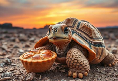 Cute, A tan giant tortoise with a pie for its shell, pastry shell, crispy skin, rocky landscape background, sunset sky (UHD, masterpiece, detailed eyes, detailed face, highest quality),