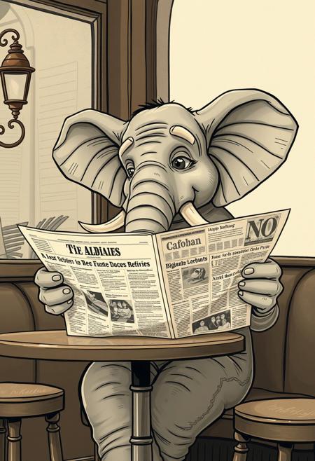 A wise-looking elephant sitting at a café table, reading a newspaper filled with surreal headlines, where the crisp, comic-book detailing of meets soft, sepia-toned, natural lighting.surreal whimsical illustration meets poetic sepia-toned photography, exaggerated cartoon elements blending with soft natural textures, deep storytelling with humorous absurdity, rich detailed linework with atmospheric muted lighting, dreamlike yet contemplative