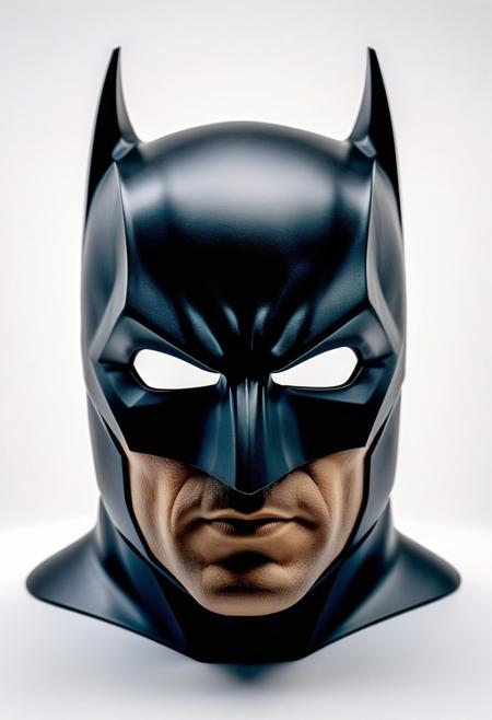 Centered, Incredibly Detailed Accurate Picture Of A Empty Batman Cowl, symmetrical, maximalist, highly detailed, in a white backdrop room