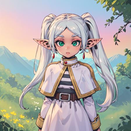 masterpiece, best quality, <lora:PhantomIxRowStyle:0.9>, phantixrow, <lora:frieren:0.9>, frieren, 1girl, solo, green eyes, long hair, white hair, pointy ears, twintails, jewelry, elf, earrings, white capelet, long sleeves, parted bangs, dress, belt, outdoors, flower, scenery