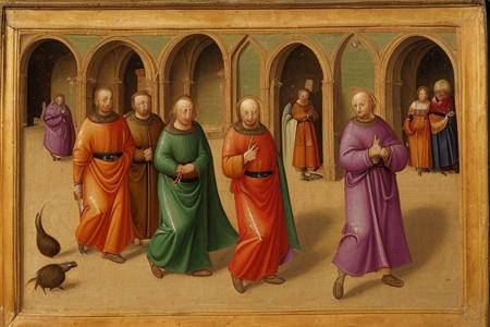 a detailed medieval painting of the sceletons walking from sea