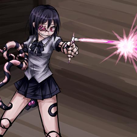 (ageha in magical girl costume firing her lazer), (ageha, monstergirl, by Ray-kbys, unusual eye, extra pupils, sharp teeth, extra arms, tentacles), magical girl, pink costume, magical wand, magical circle, lazer attack casting magic, red ray attack, mahou shoujo,