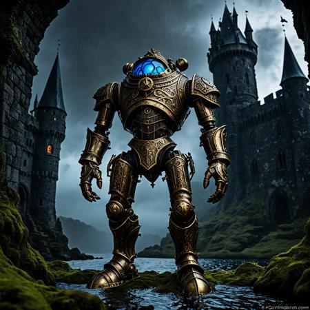 giant bipedal robot brass and weathered reflex blue and bronze paisley robot. lacy robot metal. diving helmet torso head. outside of a steampunk keep. large detailed torso. dark image. one forty foot tall ancient robot with great arms and two heavy spring legs. dark foggy night background. $dark foggy night image only. dark photo realistic image. steampunk details. cogs, chains and pipes incorporated in the fantasy buildings. magic wizards tower in background. Dark swamp, moss, castle ruins, wizards tower. stormy dark night. stormy sky. rain. no head.