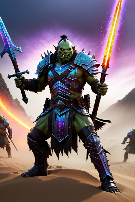 an orc weaponmaster with green skin, wearing heavy armor, inspecting a sword with shimmering light, glowing with h4v_h0l0 effects, solo, from the Nightstalker Clan, with black leather armor and stealth markings, an orc burial ground with stone markers, bone piles, eerie fog with shimmering light, detailed background, throwing a spear, aiming at a target with a powerful stance, enraged, baring teeth with a fiery glow, wide shot, an ambush on a human caravan, orcs attacking, goods scattered with shimmering light, chaos unfolding, a wooden lance, nearby, on a sandy dune, shifting sand with a faint shimmer, foggy, thick mist swirling, dim visibility with a glowing haze, evening, orange and purple sky, cooling air, soft light with a shimmering glow, best quality, vibrant colors, photorealistic style, high detail, high-definition, hyper-realistic, extremely high-resolution details, fine texture, incredibly lifelike, realistic, not anime, not drawing, highres, 4K resolution, source photo, realistic photo, masterpiece, best quality, amazing quality, very aesthetic, ultra-detailed, detailed textures, shimmering light reflections, prismatic sheen colors, refracted light spectrum, neon pulse, rhythmic and dynamic, medium shot, <lora:Holography:1>