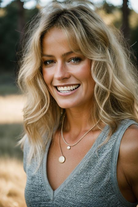Realistic photo of a beautiful f4rr4hf-v2 woman, 1girl, solo, long hair, smile, open mouth, (((blonde hair))), jewelry, upper body, teeth, necklace, blurry, lips, realistic, soft lighting, professional Photography, Photorealistic, detailed, RAW, analog, sharp focus, 8k, HD, DSLR, high quality, Fujifilm XT3, film grain, award winning, masterpiece<lora:f4rr4hf-v2:1.0>