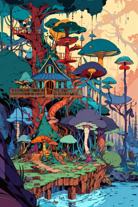 magical forest, treehouse, small stream, mushrooms, by kilian eng