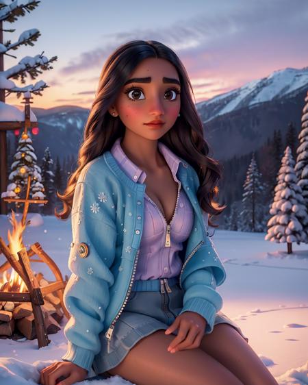 <lora:IsaMadrigal:1> isabelamadrigal, cleavage,, 1Female. Unzipped jacket and button down knit top. Cleavage. Highly detailed beautiful expressive eyes. Crimped Waves hairstyle. Sitting by a campfire. Snowy Yellowstone National Park. View of her tent in the background. Photorealistic, Natural atmospheric lighting, intricate details, 35mm photograph, film, professional, 4k visuals, highly detailed, elegant, studio quality.