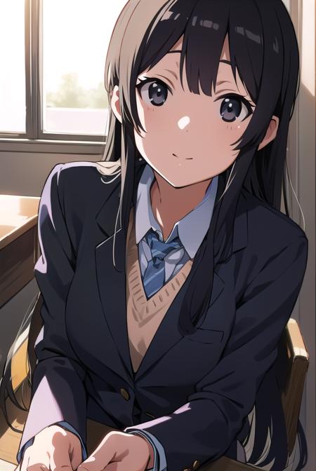 mioakiyama, <lora:mioakiyamatest:1>, mio akiyama, (black eyes:1.5), black hair, long hair, BREAK sakuragaoka high school uniform, school uniform, uniform, BREAK looking at viewer, BREAK indoors, classroom, BREAK <lora:GoodHands-vanilla:1>, (masterpiece:1.2), best quality, high resolution, unity 8k wallpaper, (illustration:0.8), (beautiful detailed eyes:1.6), extremely detailed face, perfect lighting, extremely detailed CG, (perfect hands, perfect anatomy),