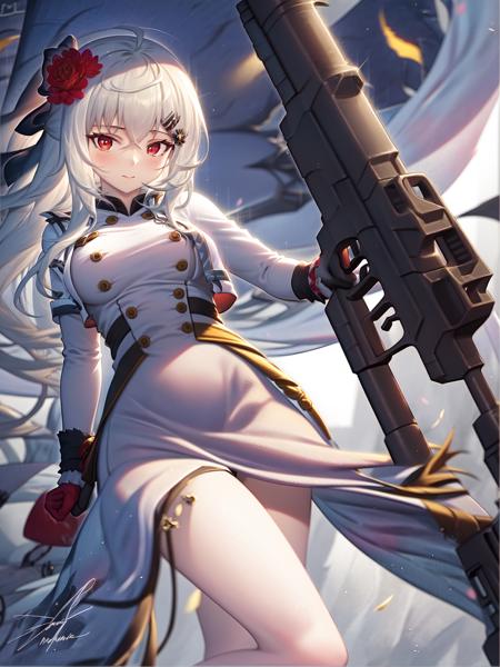 masterpiece, best quality, 1girl, dynamic pose, dynamic angle, <lora:iws-000008:1>, IWS2000dress, dynamic angle, dynamic pose, holding gun,