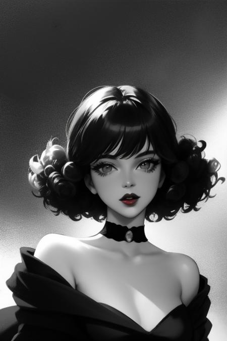 1girl, photo, hazy, realistic, short_hair, looking_at_viewer, black_hair, solo, black and white, wind blow, open_mouth, (greyscale), accessories, ((curls)), red_lips, ulzzang-6500-v1.1, oldstyle_v1