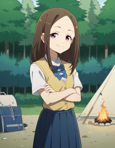 chihaya asagumo, long hair, brown hair, purple eyes, skirt, shirt, bow, school uniform, white shirt, short sleeves, pleated skirt, bowtie, blue bowtie, blue bow, sweater vest,