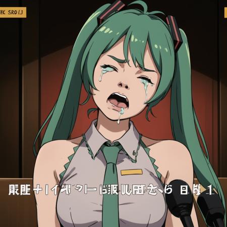 best quality, hatsune miku, bare shoulders, crying, closed eyes, head tilt, face focus, parody, bouncing hair, livestream, danmaku comments,  microphone stand, press conference, perfect hands, clenched hand, (excessive streaming tears, snot, mouth drool)
<lora:envybetterhandsLocon_beta2:1>  <lora:press_conference_crying_v012:1>