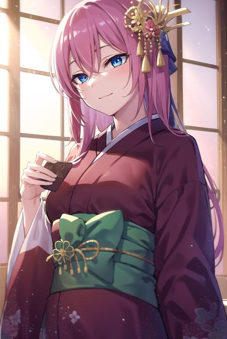 kayo sudou, blue eyes, pink hair, long hair, flower, green sash, hair ornament, japanese clothes, kimono, obi, red kimono, sash,