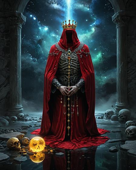 lich wearing a crown kneeling facing away from camera before a marble crypt wearing a velvet robe, shiny metal jewelry, water, reflections, blood, realistic photo, hard science fiction, deepest black space, stars, colorful nebula, glowing runes, white skulls, jewels, brilliant color, scarlet, indigo, crimson, yellow, green, <lora:add-detail-xl:0.75>,  <lora:xl_more_art-full_v1:0.5>   , ziprealism,   <lora:sdxl_lora_beksinski:0.8> b3ks1n