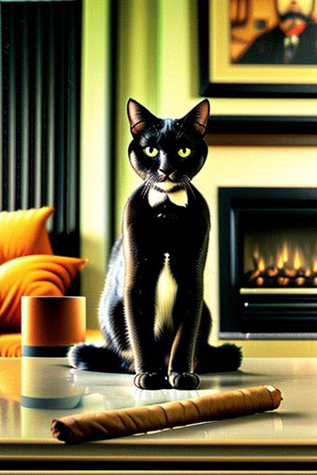 a cat smoking a cigar, sitting on black couch, fireplace,<lora:vhs:1>
