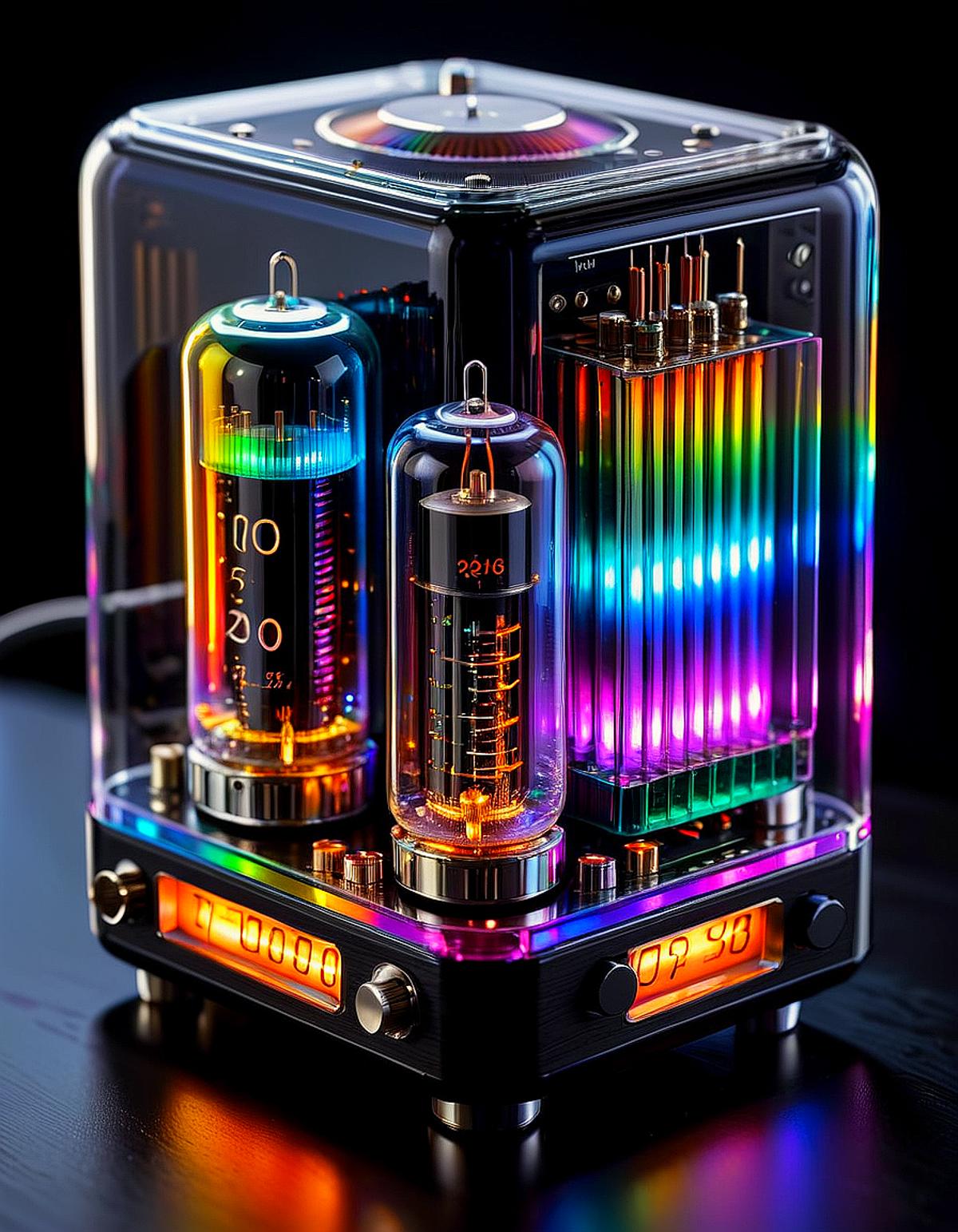 A colorful electronic device with a rainbow display.