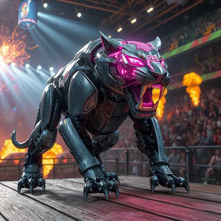 "A futuristic robot-like Advanced Crystal Beast Topaz Tiger, with a sleek gray metallic body, glowing pink head, and jet-black limbs, stands menacingly on a weathered wooden platform. Its sharp metallic teeth gleam under dramatic cinematic lighting, contrasting with the chaotic World Dino Wrestling arena backdrop—a vibrant mix of neon holograms, roaring dinosaur robots, and laser-lit crowds. Stylized with hyper-detailed textures: scratched armor, glowing circuit patterns on the pink head, and matte-black hydraulic joints. Rendered in Unreal Engine 5 realism, Octane Render gloss, and dynamic Dutch angle composition. Color palette: monochrome steel, electric pink highlights, and fiery orange explosions in the background. Inspired by Pacific Rim mecha designs and retro toy advertisements, with bold shadows, volumetric fog, and splatter-effect energy sparks. Trending on ArtStation, 8K HDR, golden ratio framing. The tiger’s pose exudes power: legs spread, claws extended, as if ready to pounce. Matte painting depth blends 3D CGI and comic-book ink outlines, emphasizing its role as a collectible toy centerpiece. Tags: sci-fi beast, high-contrast, mecha-wrestling, promotional key art."