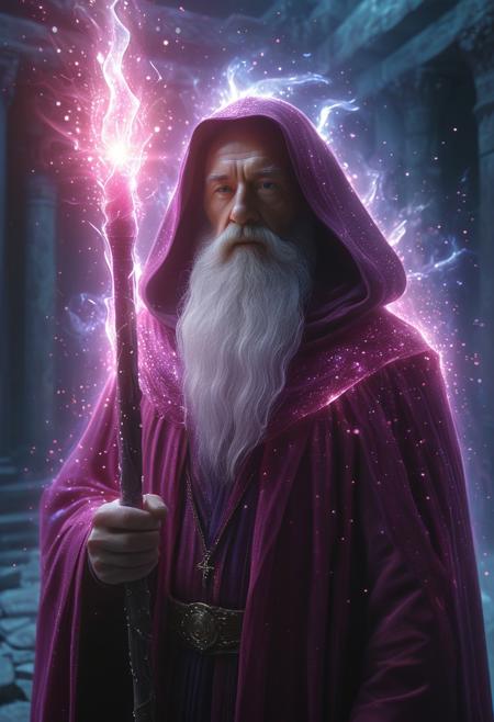 Astral Aura, (auralora:1.2), dark fantasy aesthetics, movie poster, centered composition, photography by Doug Aitken. A dark and moody face close-up of an old wizard standing in the halls of a temple ruins wearing a cloak is ((surrounded by ice shards)). The man has a long white beard and is holding a large magical staff that emits a bright pink light that shimmers on his face. Detailed face, detailed skin, skin texture, skin pores, (freckles:0.9). Dust particles, particle system. Gritty, raw, damp, liminal fog, shimmering light. A mesmerizing blend of light and shadows. <lora:Aurastronger_SDXL:1>, astral, colorful aura, vibrant energy, pink magic light, magic aura,