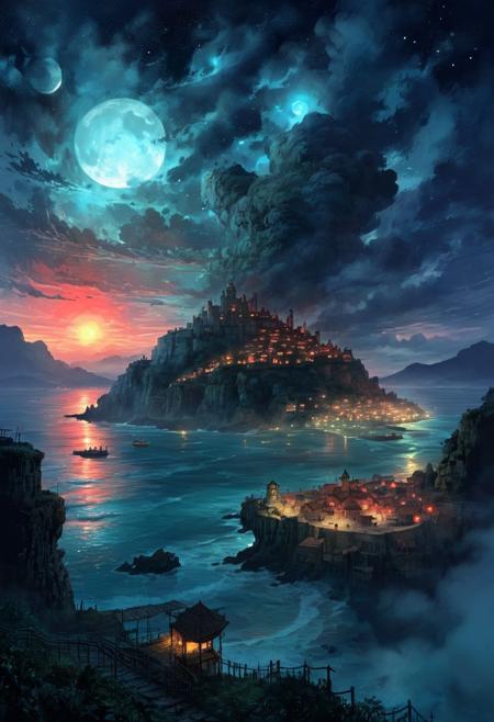 (by Ellen Jewett:1.5), (Bioluminescent Impressionism,  The Dreamland, core_9, panorama landscape, architecture, ships, wharf, sea, sunset, Italian village, Italy, enchanted fortress and fortified castle, above the clouds, mystical atmosphere, detailed stone and wood walls, magic mist swirls around, weibo, drawing, formal, retro 90's, red, black, science fiction, a dark sky lit by the glow of distant moons and neon lights. night, rockpunk, yoji shinkawa, James Jean, Ayami Kojima, village<lora:EnvyPanoramaXL01:0.5> PEAnimeBG, ethereal landscapes, depth of field, biotech emotion:1.3) <lora:xl_more_art-full_v1:0.5> <lora:add-detail-xl:1> <lora:RMSDXL_Creative:2>