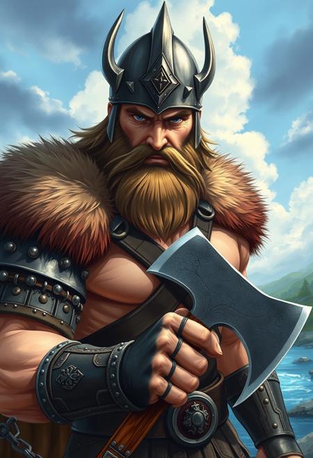 ((The image is an illustration depicting a brutal muscular man with a beard, angry blue eyes, closed mouth, wearing a wiking helmet and chianmail armor, holding a axe. A bear fur skin on his shoulders)). dynamic pose
Ultra high detailed
Random background, sky, river