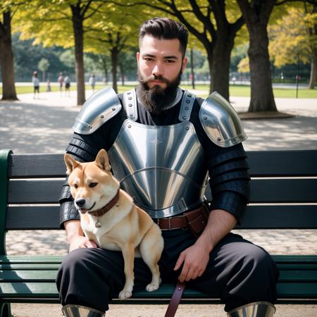 RAW photo, absurdres, high quality, photorealistic, portrait of a  european man, beard, detailed_skin, plate armor, pants, sitting, holding a shiba inu, outdoors, park, bench, sunlight, 8k uhd, dslr, film grain, detailed, sharp focus,