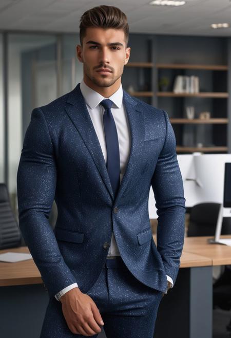 a strong 22-year-old spanish hunk bodybuilder male, with a fringe up undercut hairstyle, detailed face, mindless expression,  wearing a NAVY-BPLUE suit with silver patterns, wearing pants,  on a modern office, standing at attention pose, looking at viewer, portrait, photography, detailed skin, realistic, photo-realistic, 8k, highly detailed, full length frame, High detail RAW color art, diffused soft lighting, shallow depth of field, sharp focus, hyperrealism, cinematic lighting