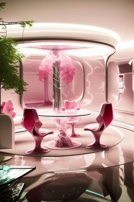 a living room with a couch and a table , a pink room with a glass display case , tree, no humans, building, scenery, reflection, glass, shop , a futuristic office with a round table and chairs, futuristic_interior ,