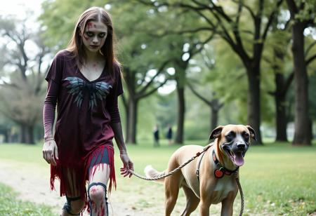 Realistic photo of female teenager and a dog. The photograph is taken from a distance and captures the entire scene. She is wearing a zombie costume and heavy makeup that makes her seems a real zombie. She is walking in a park with her (dog:1). Walking in a zombie pose. At her side, there is a dog, the dog has alien features. The image shows the park, trees, grass. She is facing the photographer. 35mm photograph, film